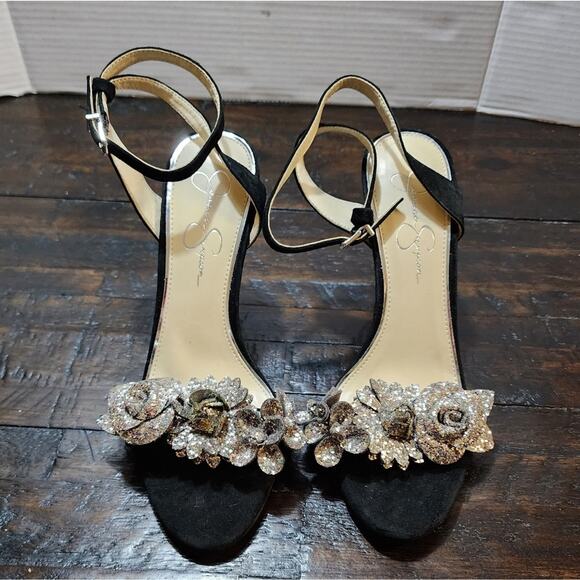 Jessica‎ Simpson silver ankle strap rosettes floral heels sandals size 9.5 - Picture 1 of 9